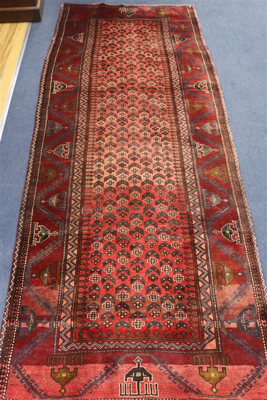 A Caucasian red ground hall carpet, 281 x 109cm